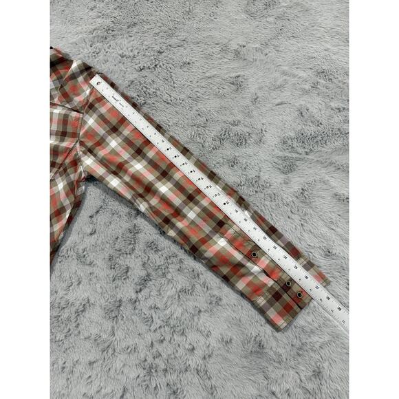 Prana Shirt Mens XL Red Brown White Plaid Slim Fit Polyester Button Up Outdoor - Picture 11 of 13